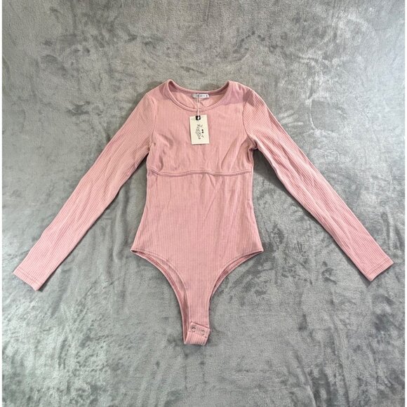 Reoria Bodysuit Women's Small Pink Crew Neck Long Sleeve Knit Ribbed Tops Slim - Picture 1 of 11